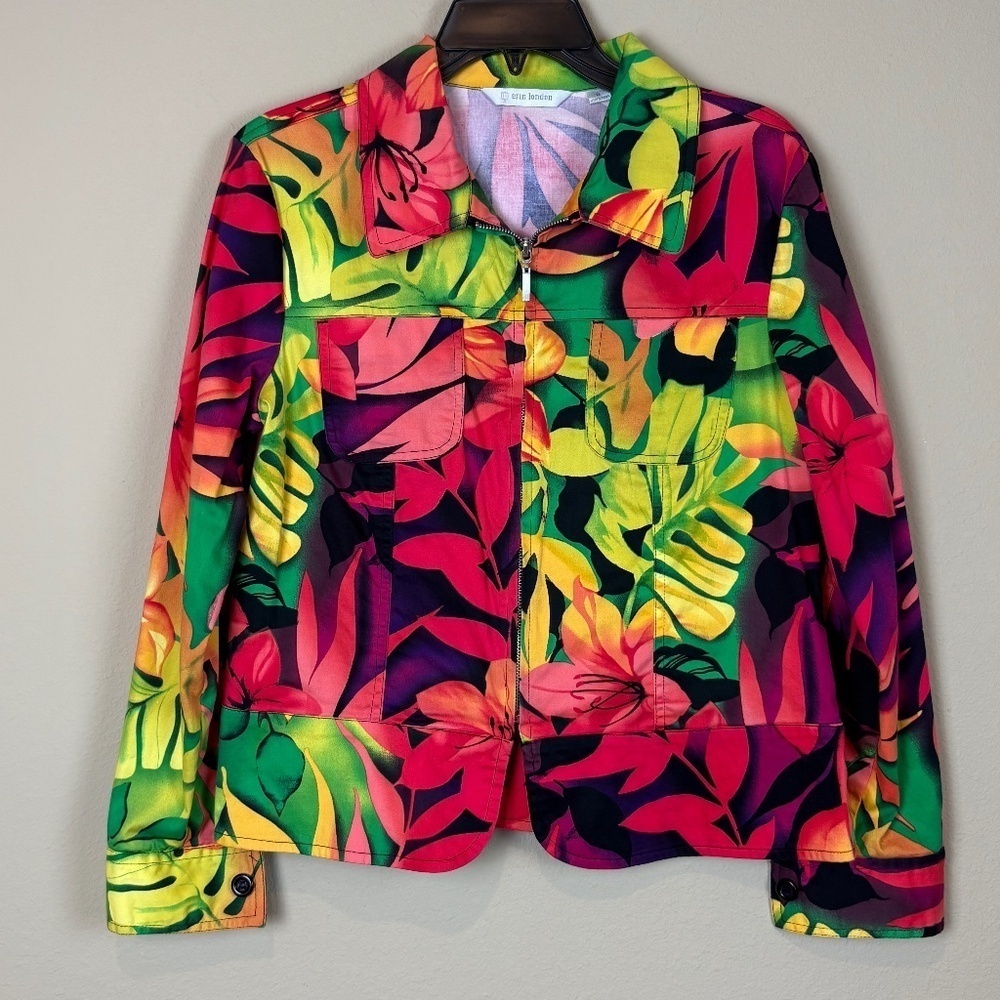 Erin London Green/Pink/Orange Floral Zipper Front Blazer Jacket; Size S